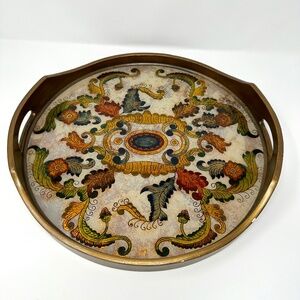 Novica Reverse Painted 15.75” Gold Floral Motifs Heaven Serving‎ Tray w/ Handles